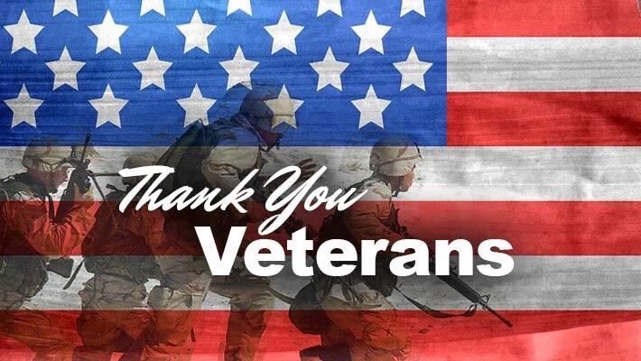 Thank you veterans. A US flag with an image of soldiers in the middle.